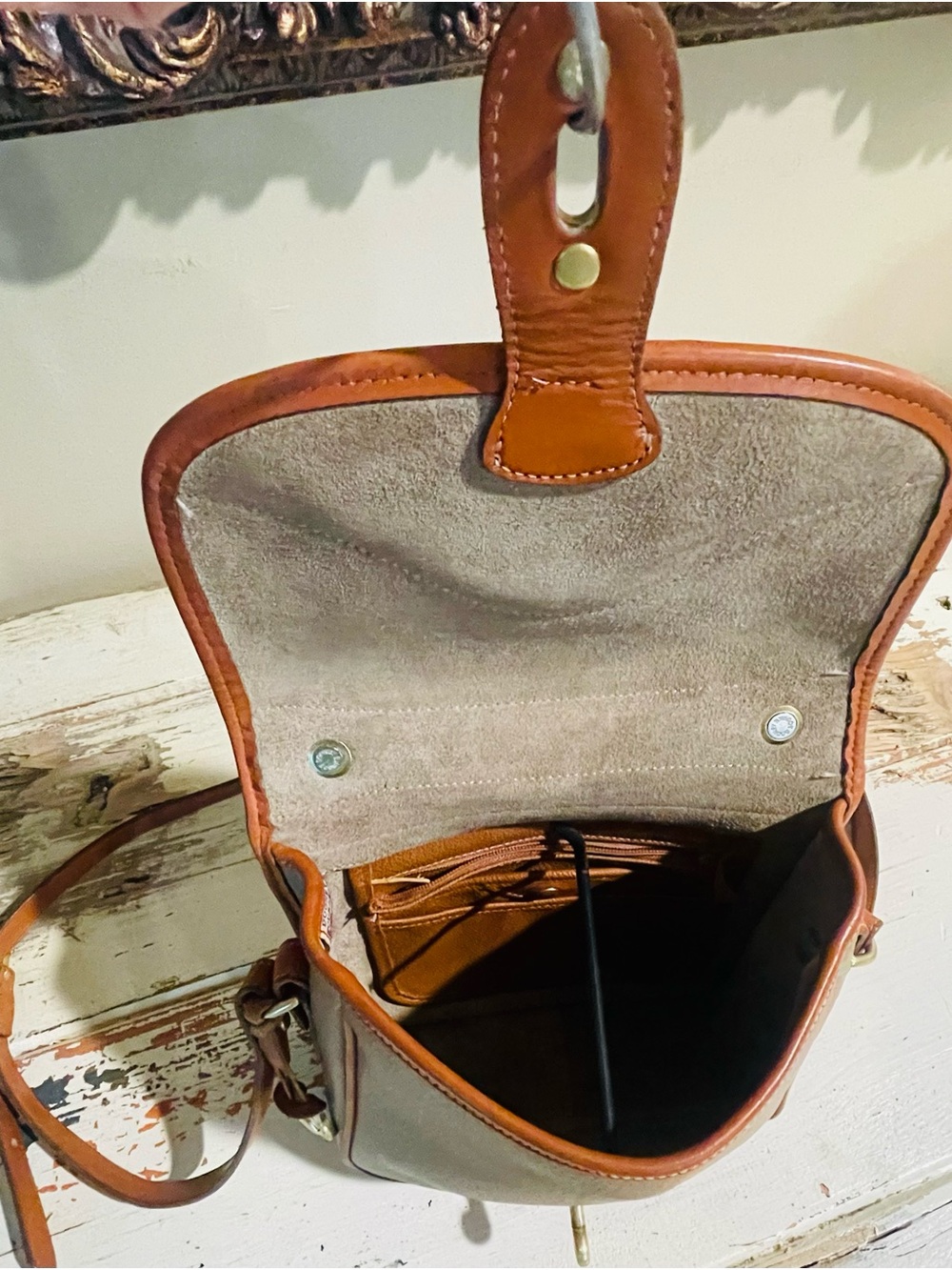 Dooney & Bourke  AWL CarrierTan and Taupe Leather Crossbody Satchel - Picture 7 of 16